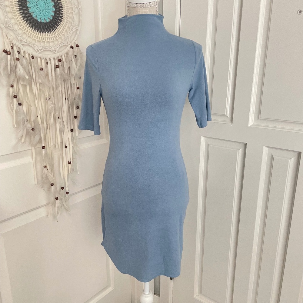 Blue Blush | Vintage Y2K Light Blue Suede Bodycon Mini Dress, Made in USA, M